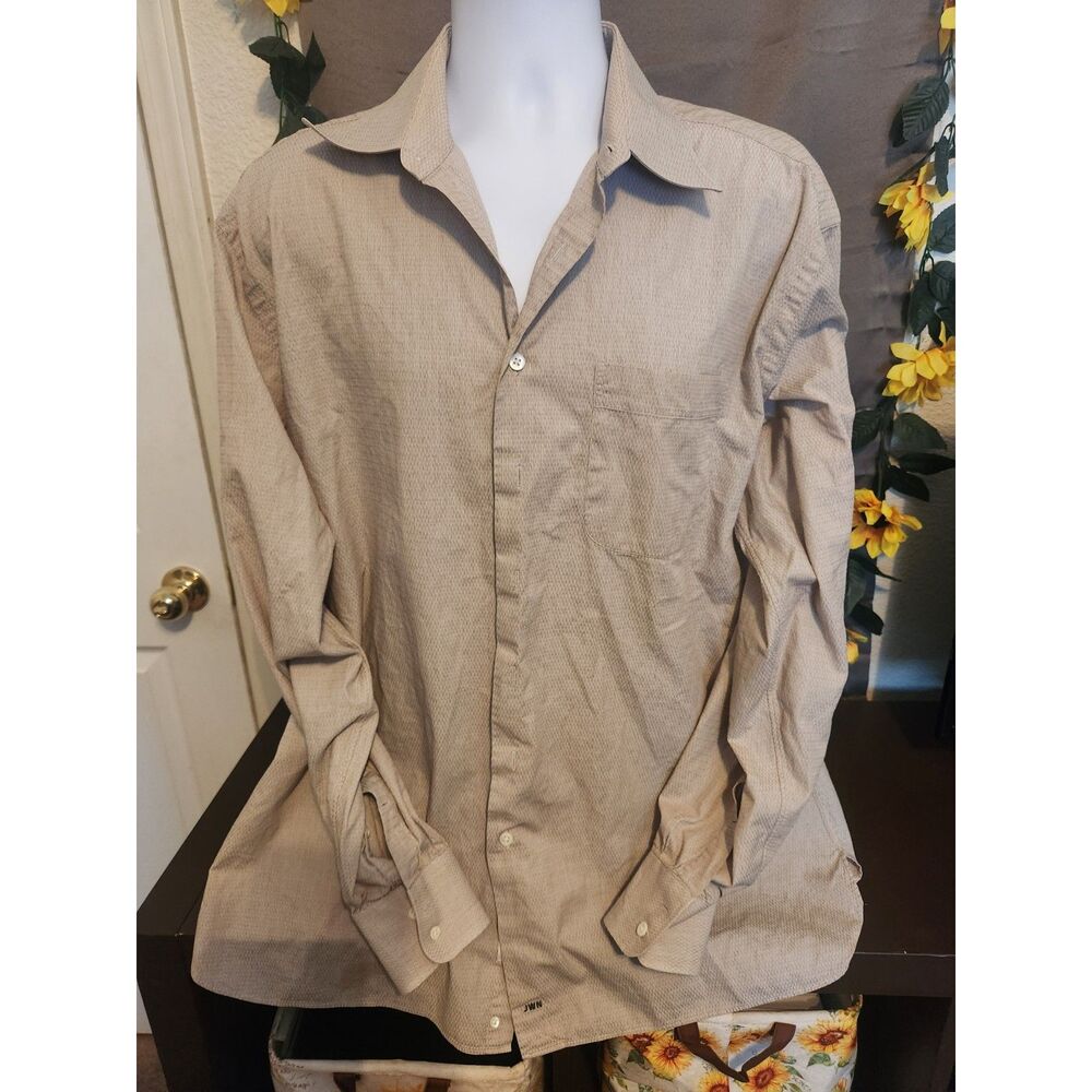 John W Nordstrom Mens Dress Shirt Beige Dobby Weave 100% Cotton 17-37 XL Tall